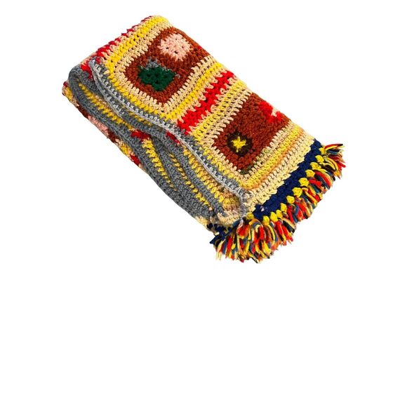 Vintage 70s Handmade Sampler Granny Afghan Crochet Blanket Throw Fringe 38x30 - Picture 6 of 6